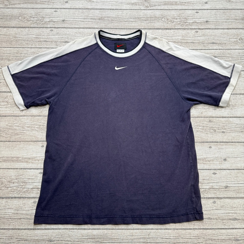 Vintage 90s Nike T-Shirt Men's Medium Navy Blue Center Swoosh Ringer Black Tag